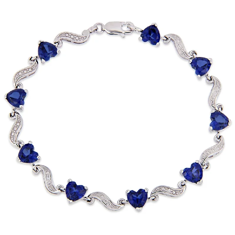 Spinel bangles-Miadora Sterling Silver Heart-Cut Created Blue Sapphire and Diamond Tennis Bracelet