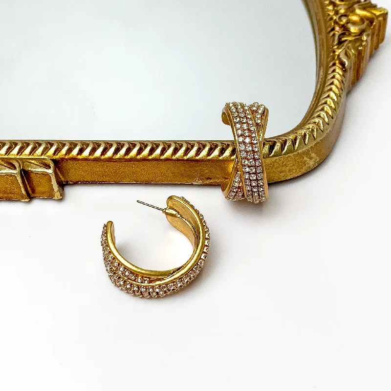 Swirl shape earrings-Crossing Paths Gold Tone Hoop Earrings With Clear Crystals