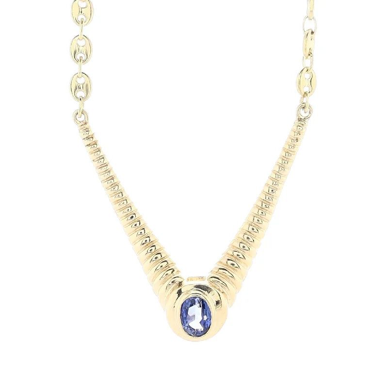 Lustrous pearl necklaces-Estate 18k Yellow Gold Bezel Set Oval Sapphire in Ribbed "V" Design Necklace