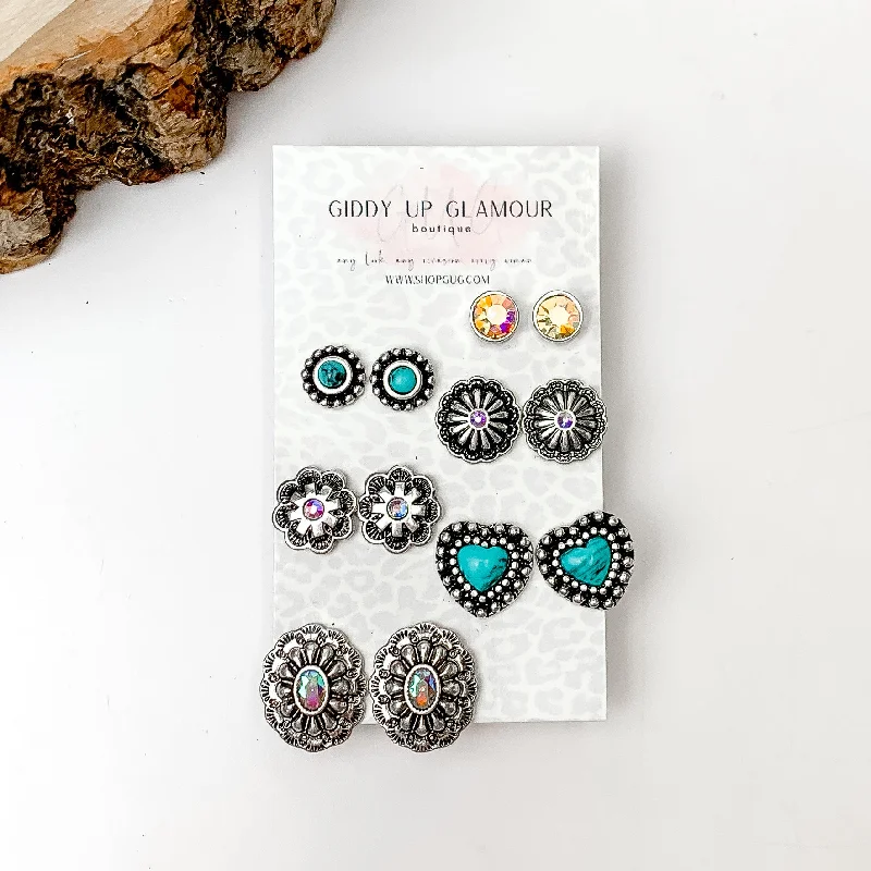 Daisy motif earrings-Set Of Six | Western Flower Designed Turquoise Blue and Silver Tone Stud Earrings