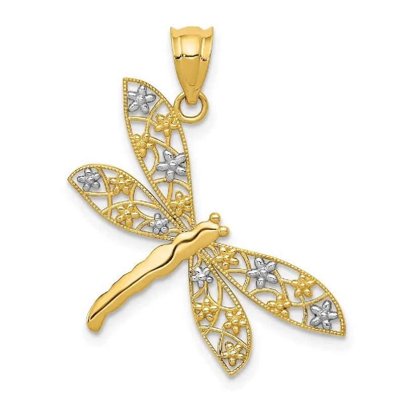 Dove feather necklaces-Curata 14k Yellow Gold 18" Rhodium Filigree Dragonfly Pendant Necklace