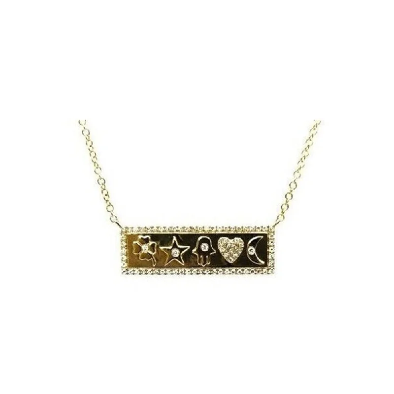 Peace eye necklaces-14k Yellow Gold and Diamond Pave Lucky Bar Necklace. Clover, Star, Hamsa, Heart and Moon necklace