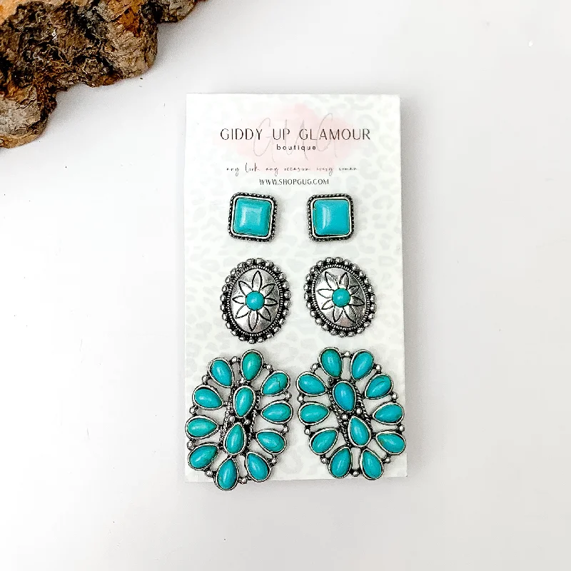 Thin threader earrings-Set Of Three | Western Turquoise Blue Stones and Silver Tone Stud Earrings