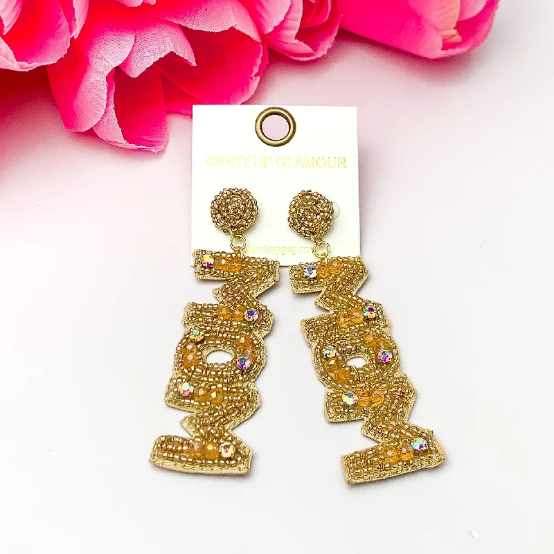 Thick bar earrings-Beaded Mom Drop Earring with AB crystals in Gold