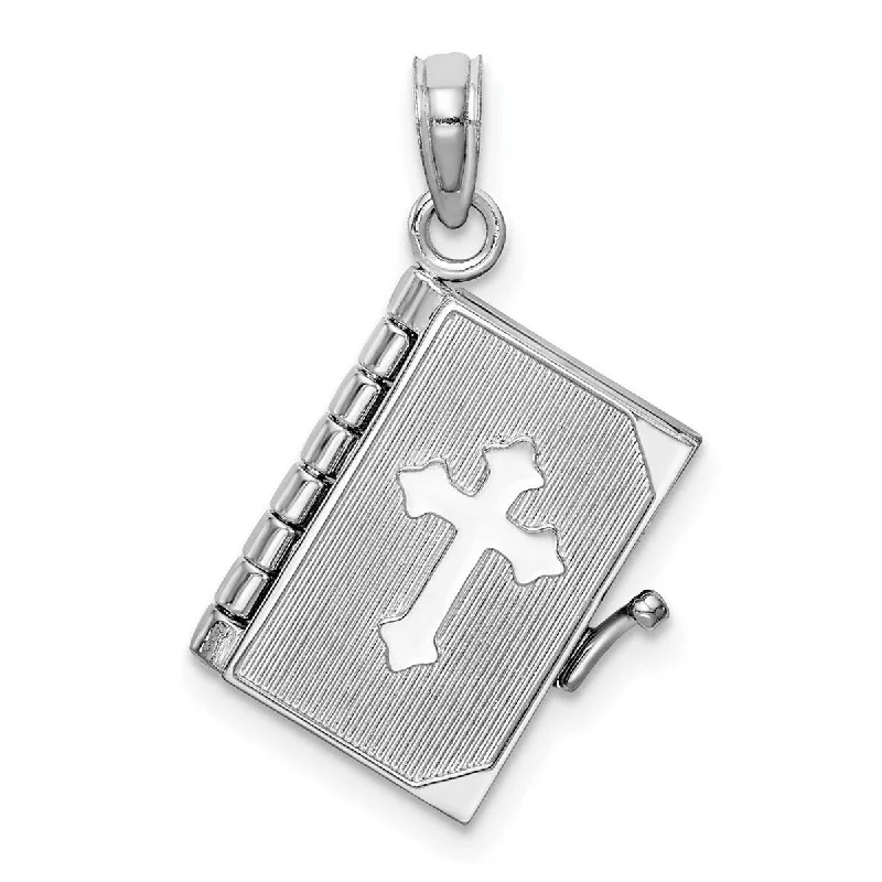 Secure clasp necklaces-Curata 14k White Gold 18" 3 d Lords Prayer Bible Book With Cross Pendant Necklace (22.5mm)