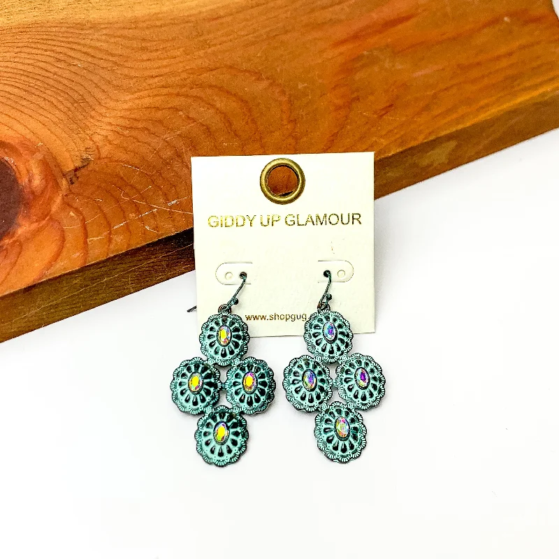 Bold statement earrings-Western Concho Earrings with AB Stones in Patina Tone