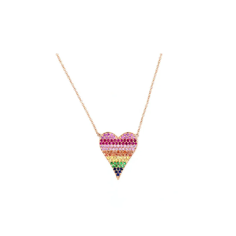 Yarn braid necklaces-14k Rose Gold Rainbow Sapphire Heart Necklace