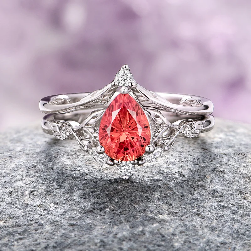 Tide shape engagement rings-Airee Star Cut Padparadscha Sapphire Ring Set- 14K White Gold