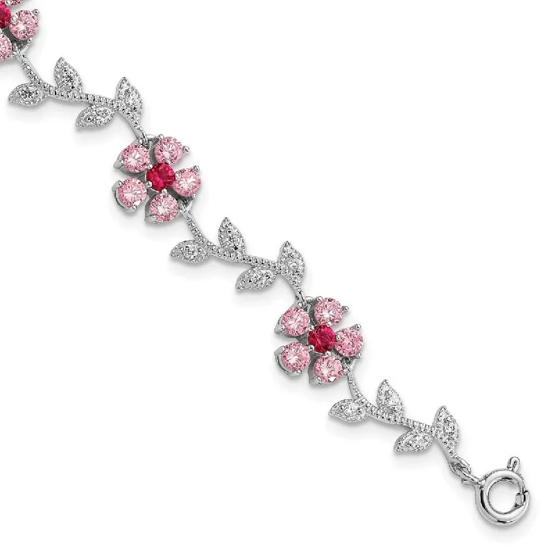 Retro deco bangles-Curata 925 Sterling Silver Polished Pink and Clear CZ Cubic Zirconia Simulated Diamond Flower Bracelet 7.75 Inch Spring Ring