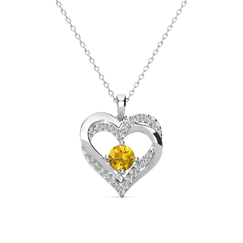 Neat-line necklaces-Forever November Birthstone 18k White Gold Plated Silver Double Heart Citrine Necklace with Swarovski Crystals