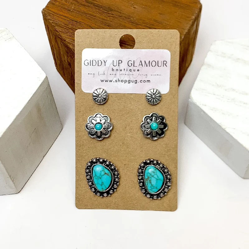 Topaz gem earrings-Set Of Three | Flower and Stone Silver Tone Earring Set in Turquoise