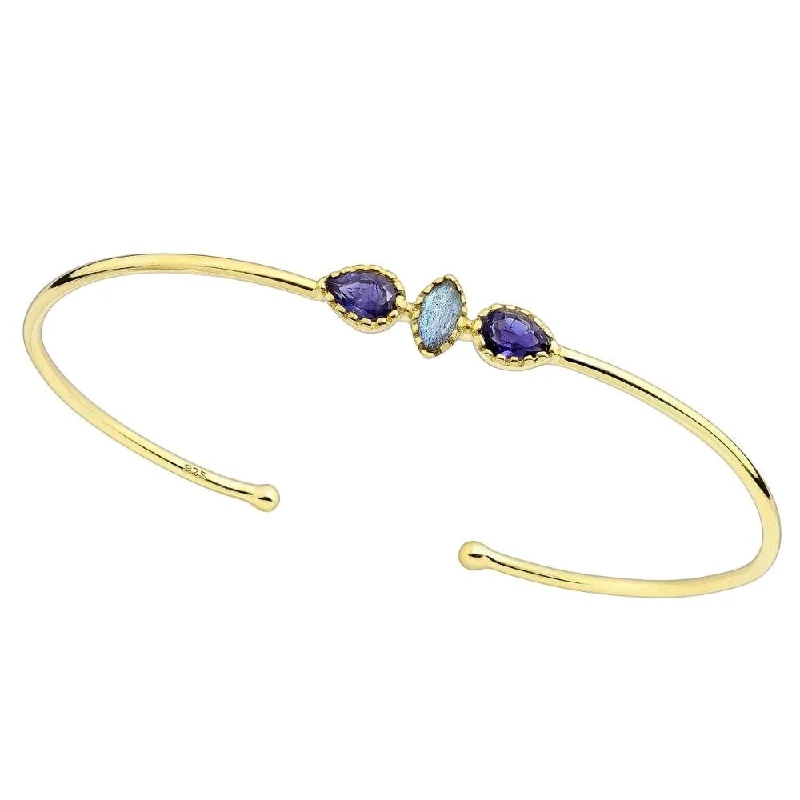 Cord edge bangles-Sterling Silver & Gold Plated Purple Teardrop & Labradorite Cuff Bracelet