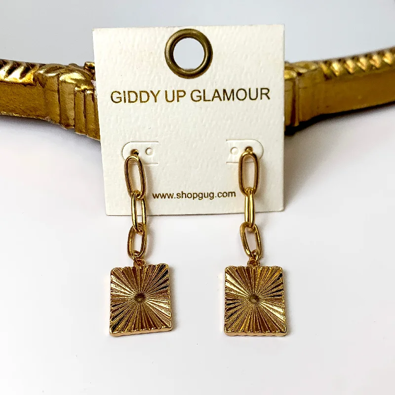 Polished disc earrings-Chain Earrings with Rectangle Pendant in Gold