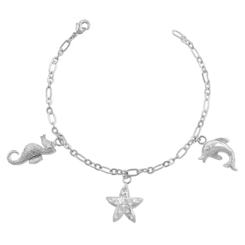 Crystal-twisted bangles-Cubic Zirconia Seashore Charm Bracelet With Rhodium Plating - 7 Inch