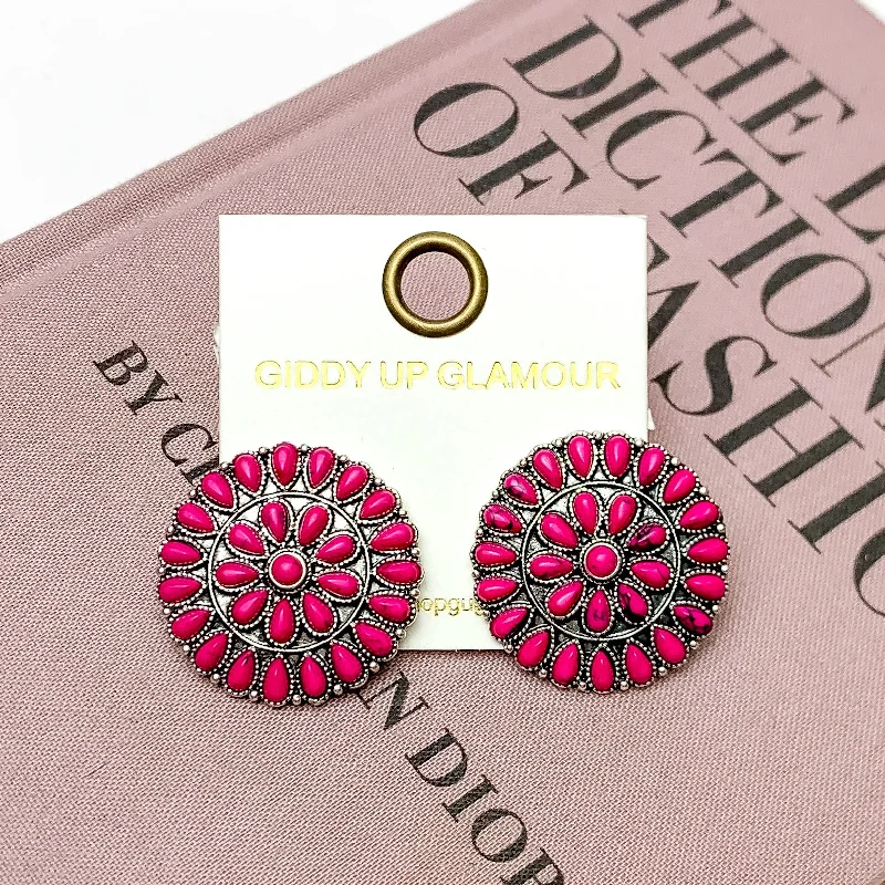 Owl wing earrings-Silver Tone Circle Earrings with Fuchsia Pink Stones