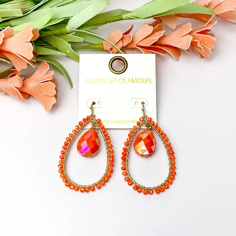 Polished gold earrings-Orange Stone Inside Open Beaded Teardrop Earrings with Gold Tone Outline