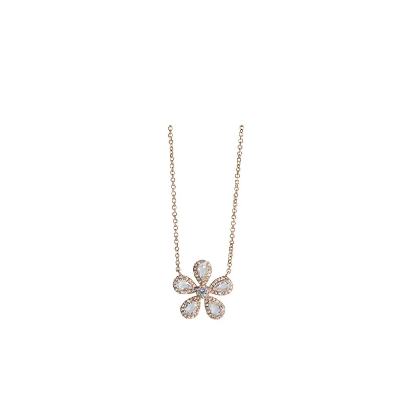 Layered link necklaces-14KT Rose Gold Diamond Pave and Rose Cut Diamond Flower Necklace