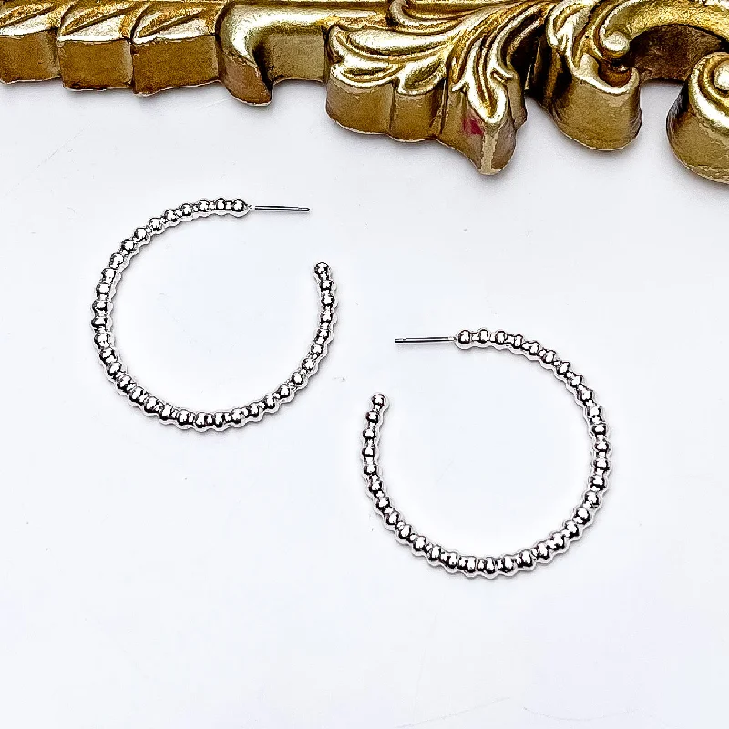 New moon earrings-Silver Tone Connecting Beads Hoop Earrings