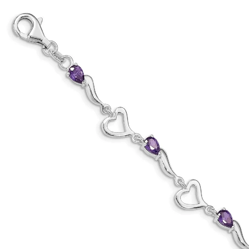 Woven thread bangles-Curata 925 Sterling Silver Fancy Lobster Closure and Amethyst Polished Fancy Link Love Heart Bracelet