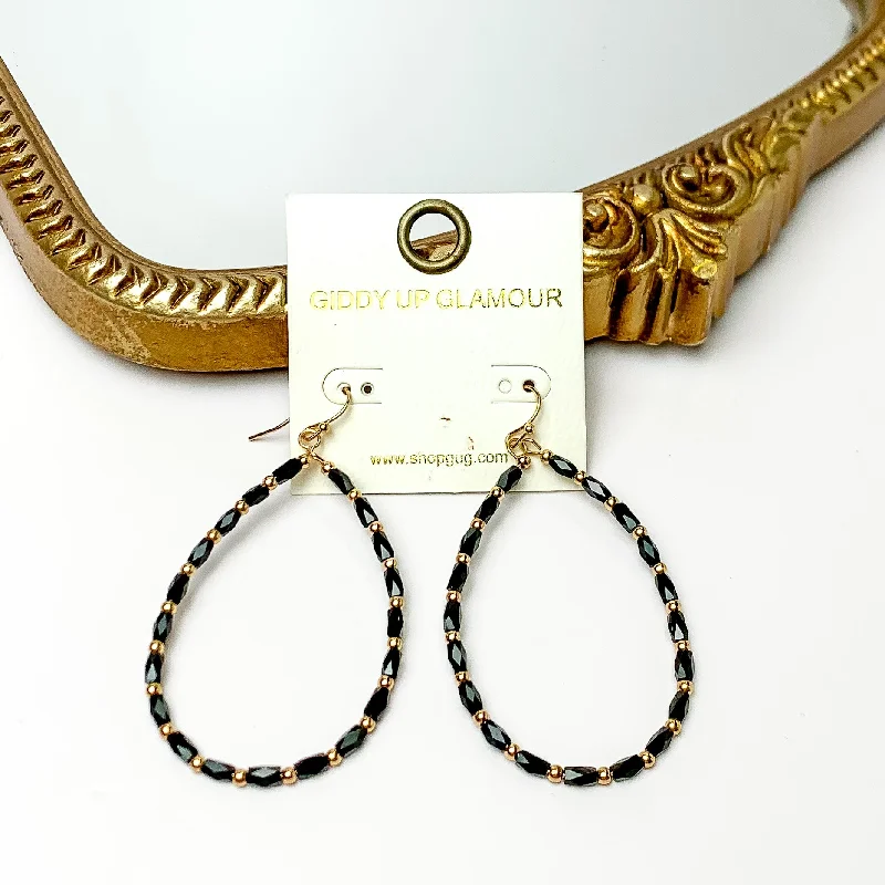 Cool wood earrings-Black Beaded Open Drop Earrings with Gold Tone Spacers