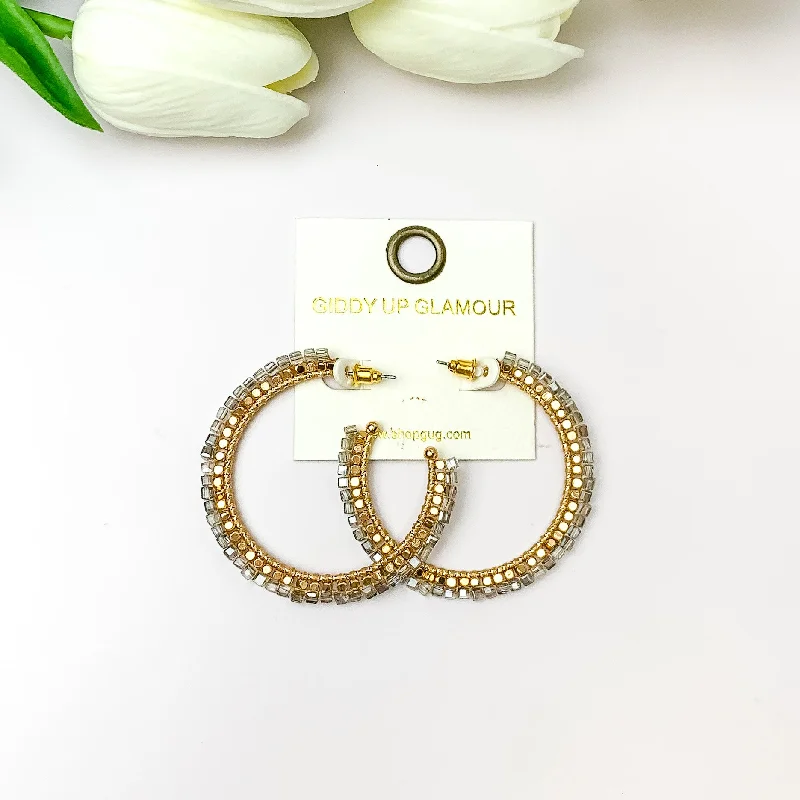 Bright stud earrings-Gold Tone Beaded Hoop Earrings with a Grey Crystal Outline