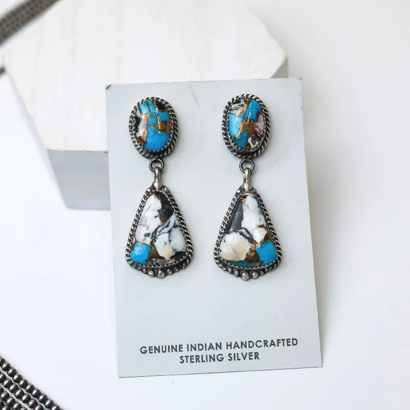 Thick bar earrings-Elouise Kee | Navajo Handmade Sterling Silver Remix White Buffalo and Turquoise Drop Earrings