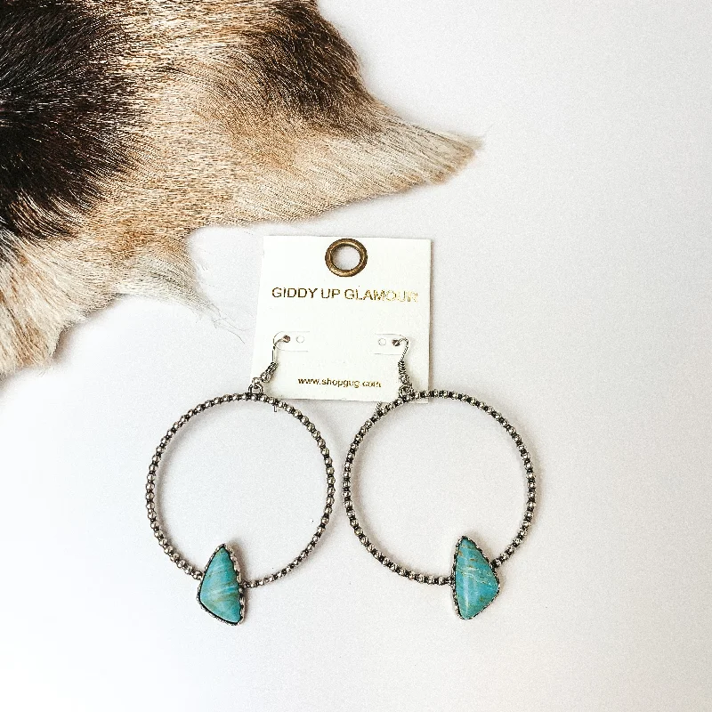 Vine hoop earrings-Silver Tone Textured Hoop Earrings with Turquoise Blue Stone