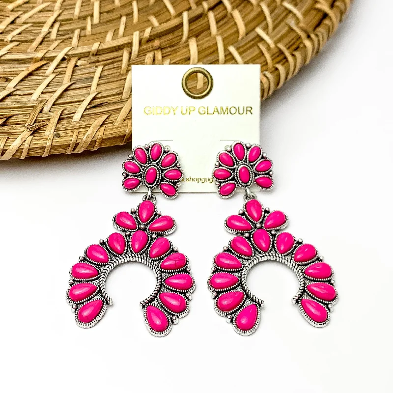 Square stud earrings-Hot Pink and Silver Horseshoe Drop Earrings