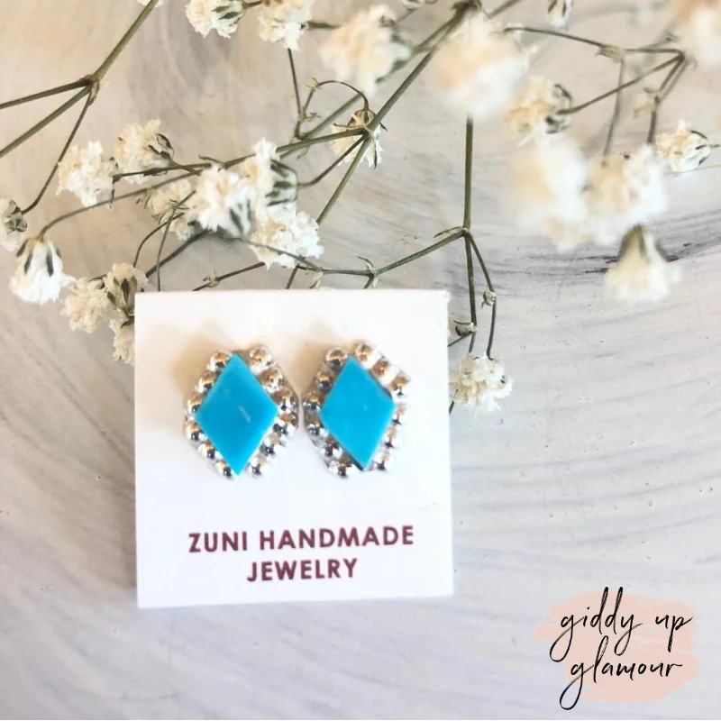 Vintage clip earrings-Zuni | Zuni Handmade Diamond Shape Turquoise Stud Earrings