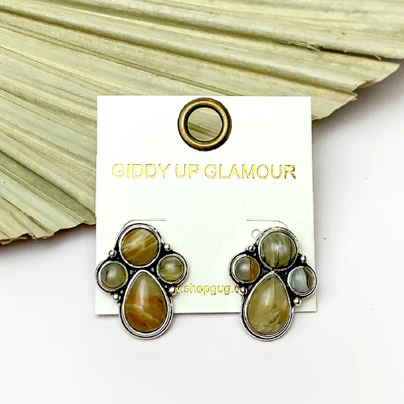 Polished disc earrings-Silver Tone Cluster Stone Earrings in Natural Brown