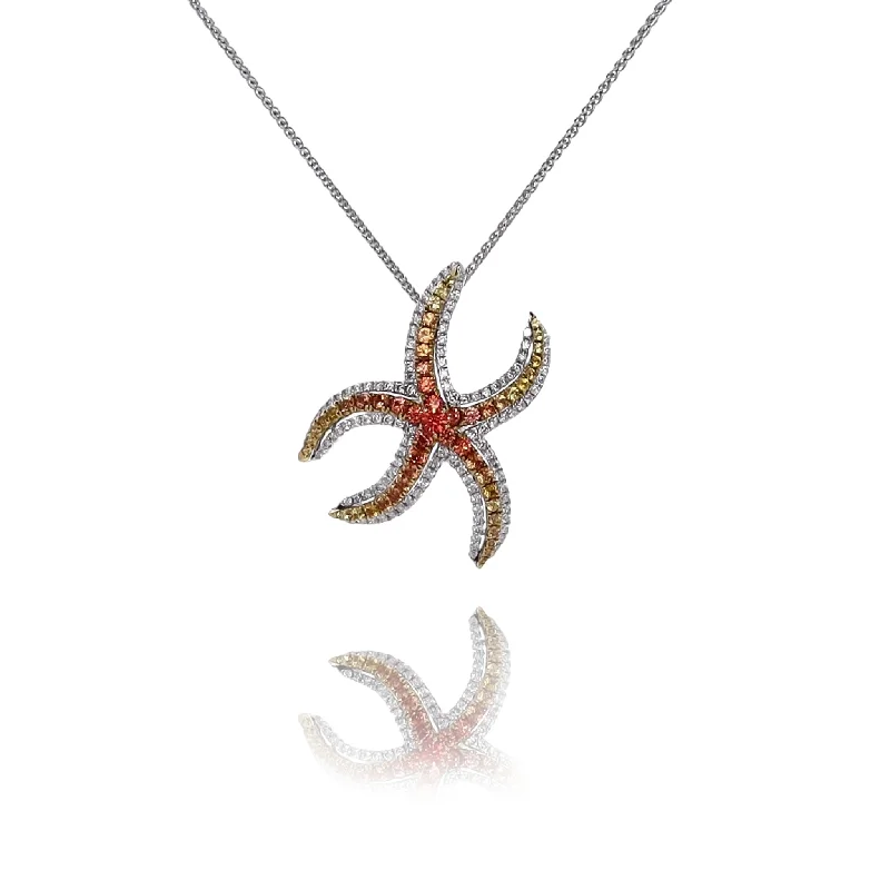 Leaf design necklaces-Estate 18 Karat White Gold Multi Colored Sapphire and Diamond Star Fish Pendant Necklace