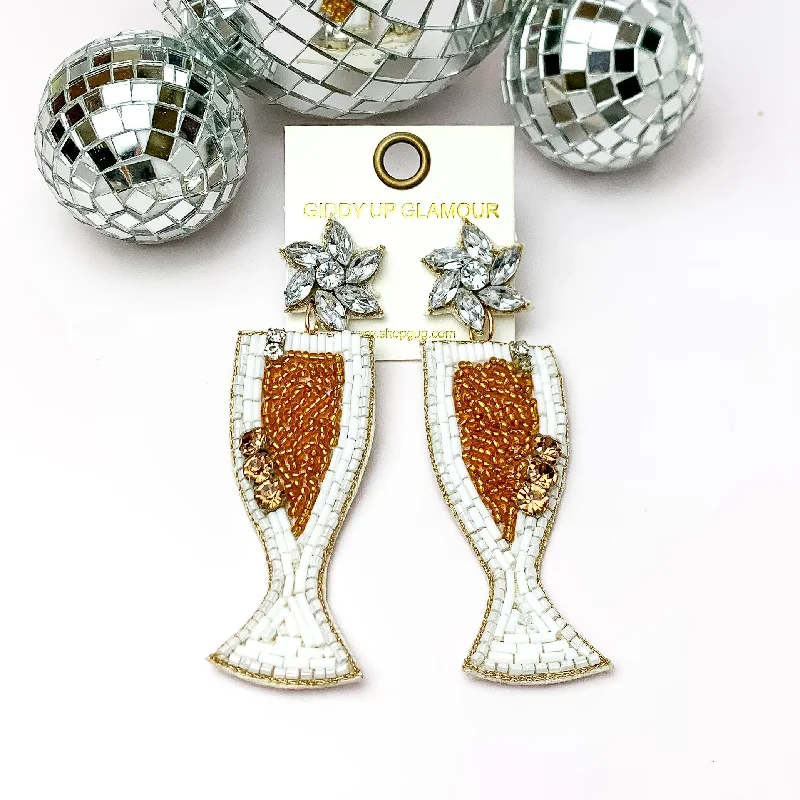 Ruby gem earrings-Celebration Beaded Champagne Flutes in White and Gold