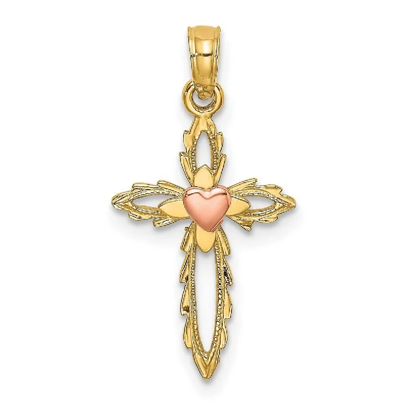 Floating gem necklaces-Curata 10k Yellow Gold Cross With Pink Heart Center Cut out Pendant Necklace, 18"