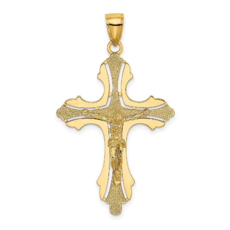 Drape-style necklaces-Curata 14k Yellow Gold Large Textured Outlined Crucifix Cross Pendant Necklace 28mm x 43mm