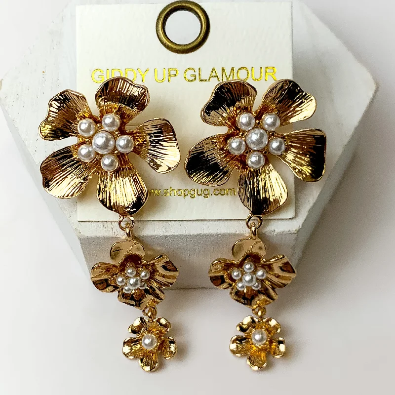 Cool wood earrings-Gold Tone Three Tiered Flower Earrings With a Pearl Center