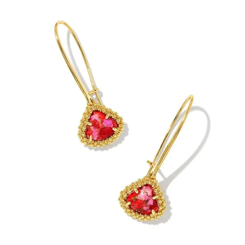 Whimsical pair earrings-Kendra Scott | Framed Kendall Gold Wire Drop Earrings in Bronze Veined Red and Fuchsia Magnesite