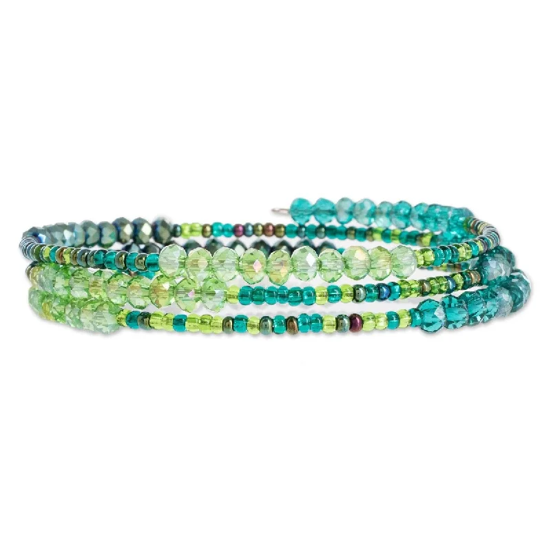 Subtle accent bangles-NOVICA Ocean Siren, Glass and crystal beaded wrap bracelet