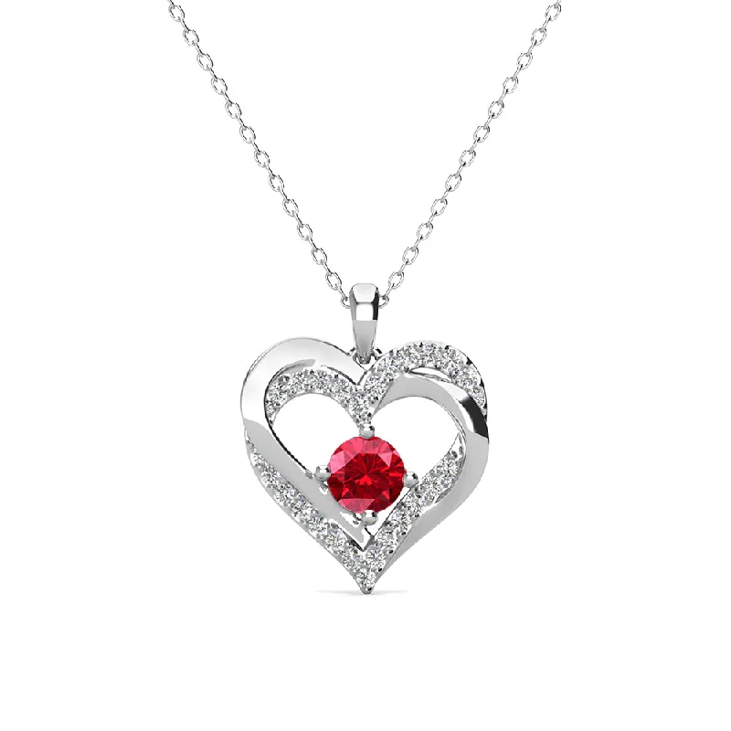 Twist clasp necklaces-Forever July Birthstone 18k White Gold Plated Silver Double Heart Ruby Necklace with Swarovski Crystals