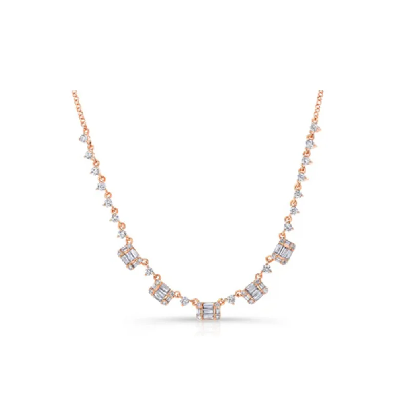 Quartz healing necklaces-14K Rose Gold Baguette Diamond Necklace