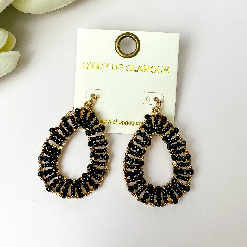 Crystal-twisted earrings-Gold Undertone Teardrop Earrings with Black Beaded Outline