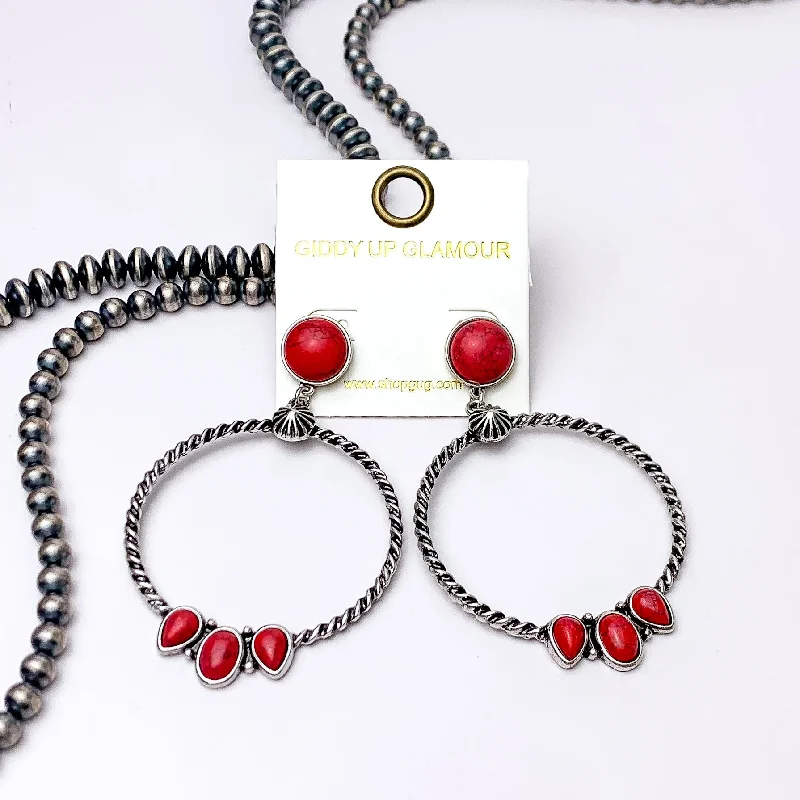 Bold statement earrings-Western Moment Silver Tone Hoop Earrings With Stones in Red