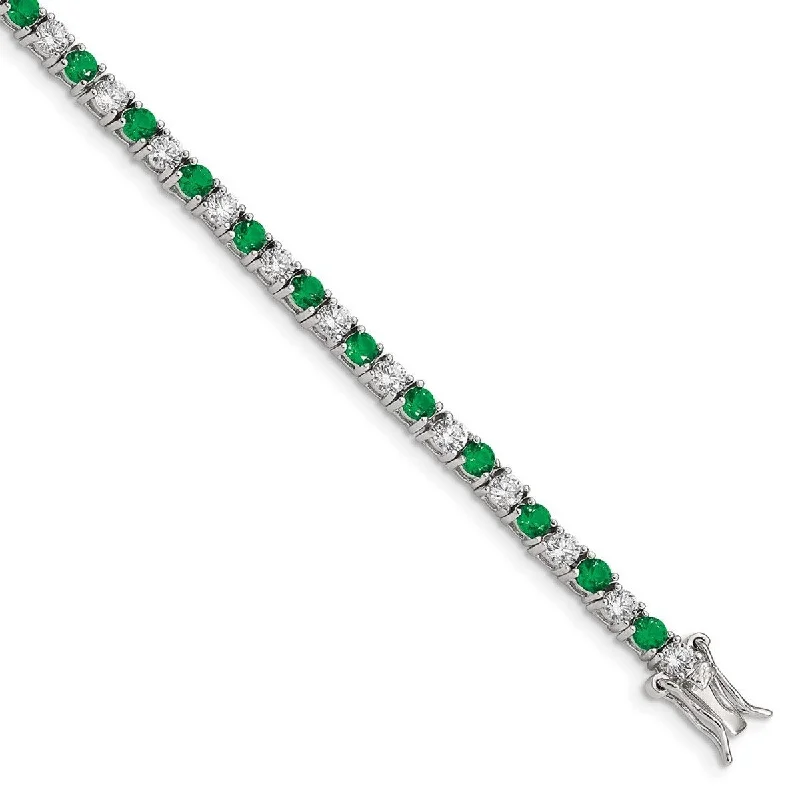 Java tile bangles-Curata 925 Sterling Silver Polished Safety clasp Box Catch Closure Green and White CZ Cubic Zirconia Simulated Diamond Bracelet