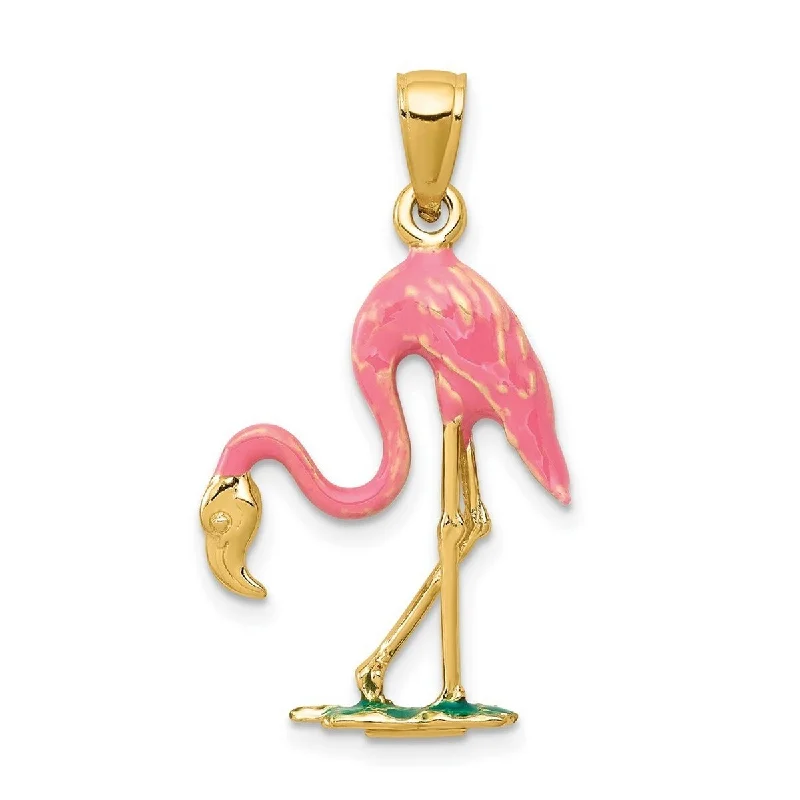 Sleek design necklaces-Curata 14k Yellow Gold Solid 18" Enameled 3 D Pink Flamingo Pendant Necklace - 30.8x17.5mm