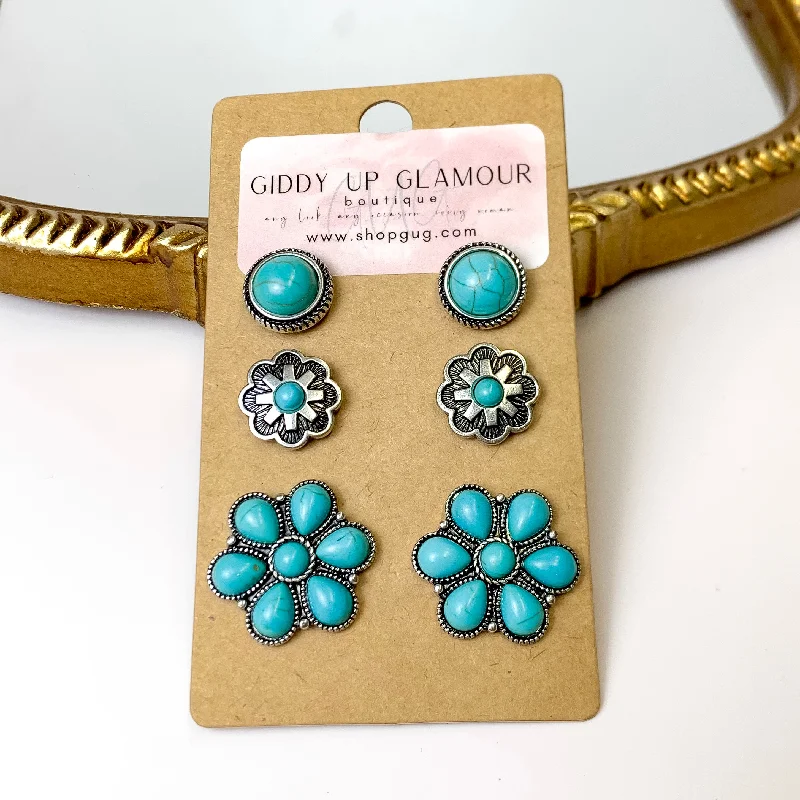 Layered drop earrings-Set Of Three | Flower and Stone Silver Tone Earring Set in Turquoise Blue