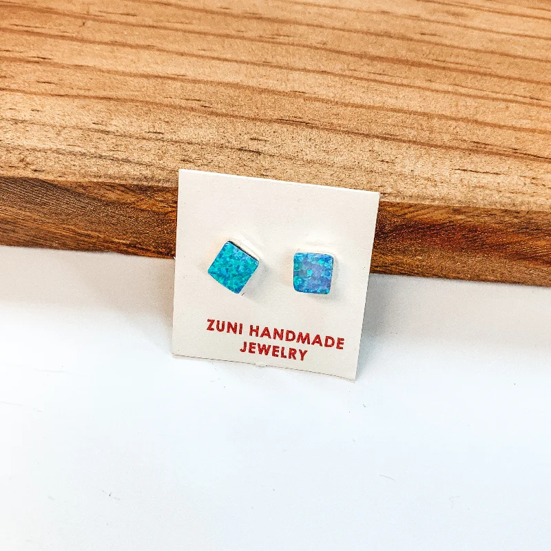 Polished disc earrings-Angie Rosetta | Zuni Handmade Sterling Silver and Blue Opal Square Stud Earrings