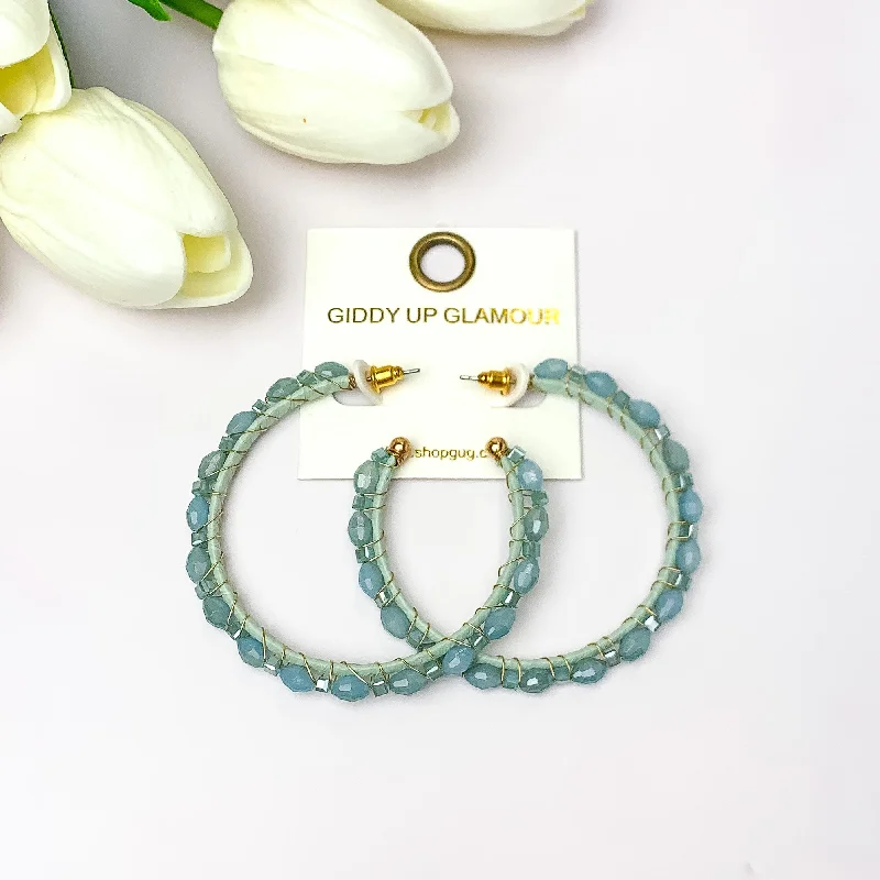 Pure pearl earrings-Large Hoop Earrings Outlined with Crystals in Aqua Blue