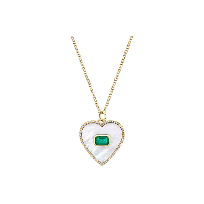 Ruby stone necklaces-14K Yellow Gold Mother of Pearl Emerald and Diamond Pave Heart Necklace