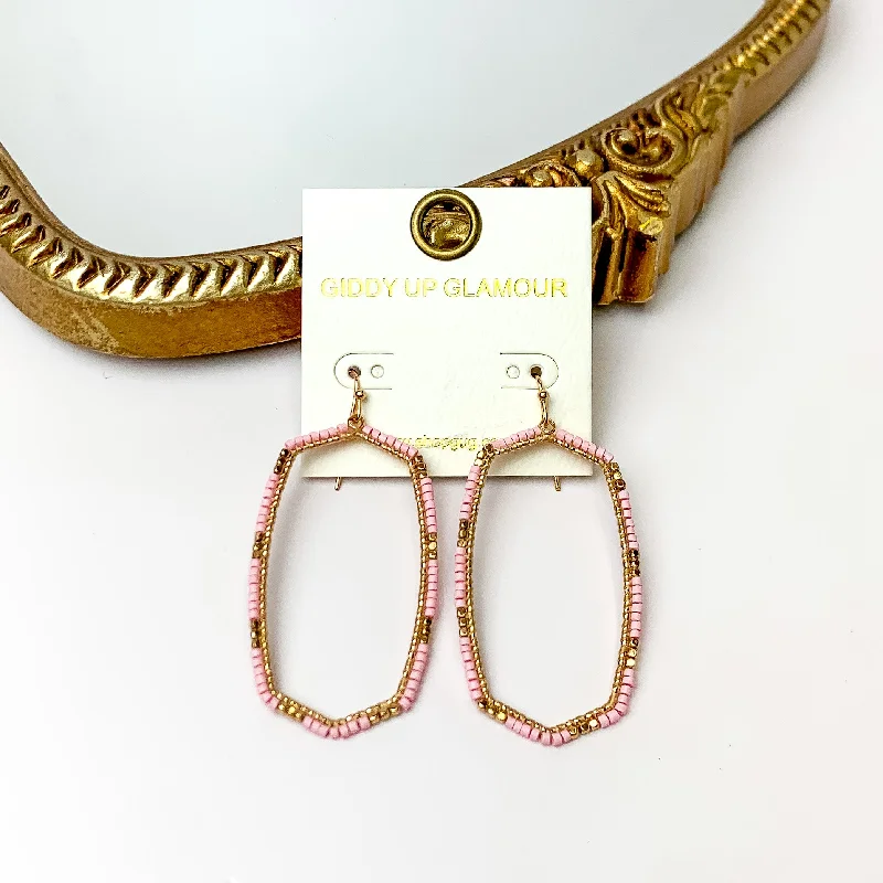 Pure crystal earrings-Light Pink Beaded Open Large Drop Earrings with Gold Tone Accessory