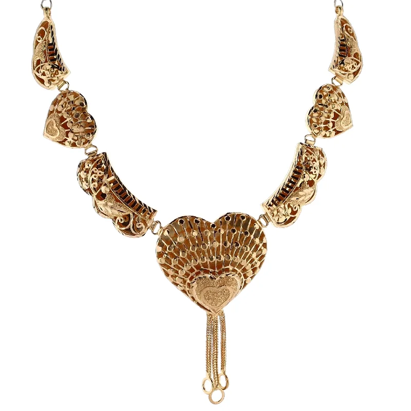 Silk fringe necklaces-Estate 21 Karat Yellow Gold Ornate Diamond Cut Puffed Hearts with Dangle Cable Wire Necklace