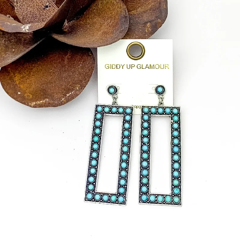 Twine bead earrings-Silver Tone Rectangular Drop Earrings With Stones in Turquoise Blue